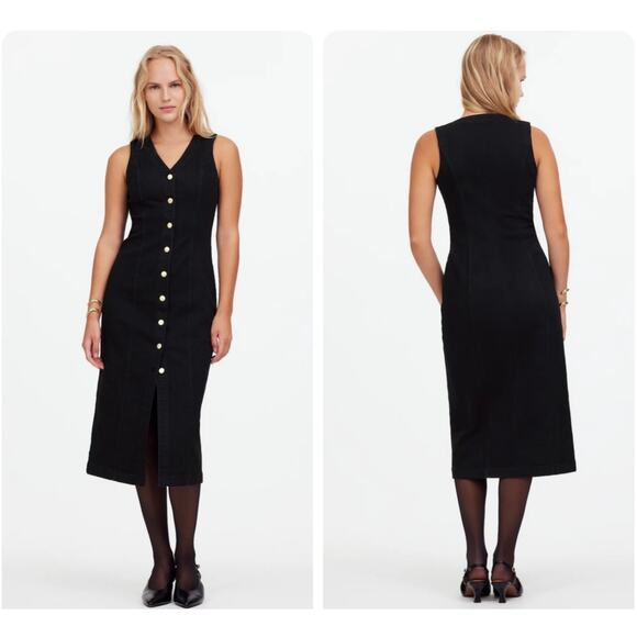 NWT Madewell Denim V Neck Midi Dress Button Up Sleeveless Clean Black Wash 8 - Picture 1 of 10